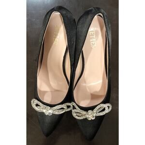 Black High Heels 9 Rhinestone Bow Stiletto Pointed Toe Satin Pumps Dress Shoes